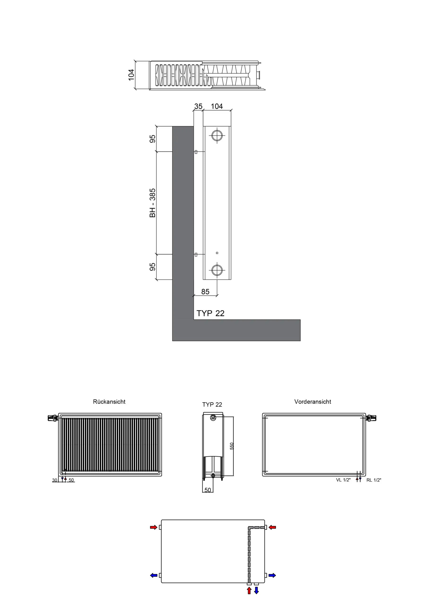 Planheizkörper PALACE Typ 22 Design Wohnraumheizkörper Weiss bis 2586 Watt Weiß