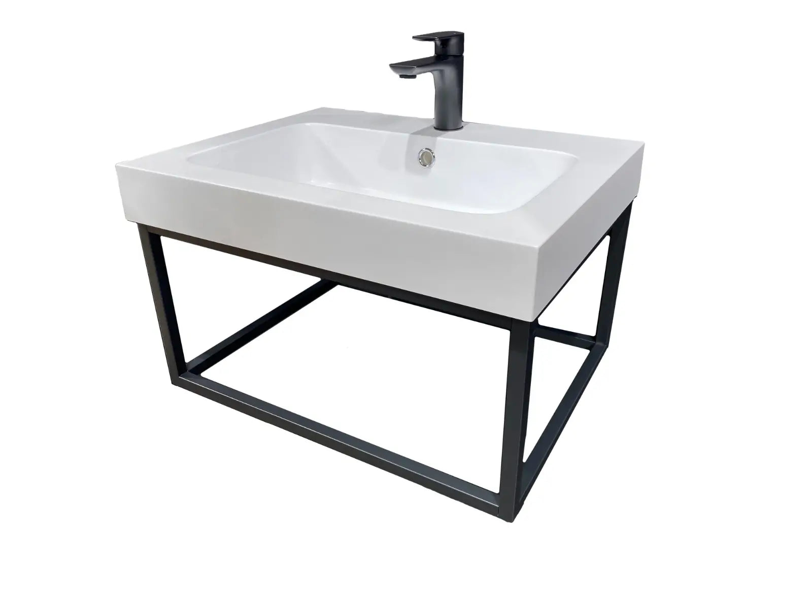 Hängewaschbecken Wandwaschbecken 60cm in Weiss mit Armatur und Untergestell in Schwarz