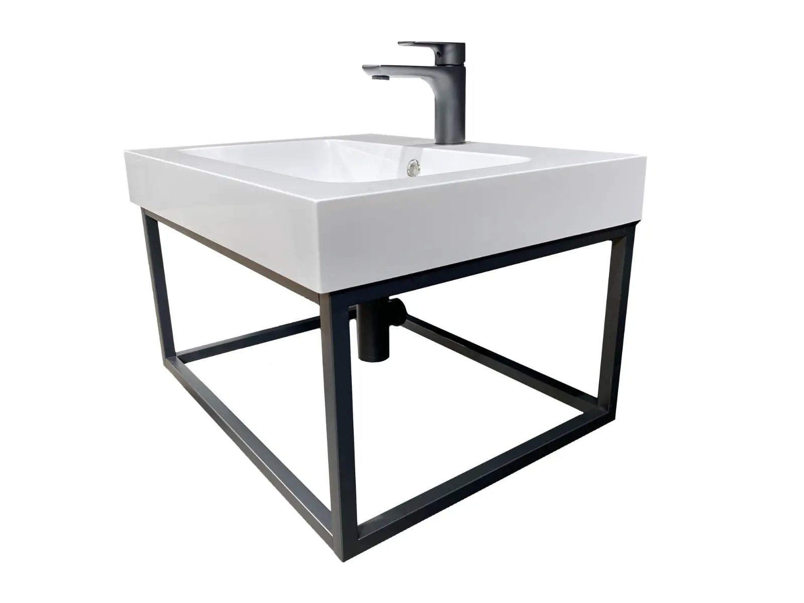 Hängewaschbecken Wandwaschbecken 60cm in Weiss mit Armatur und Untergestell in Schwarz